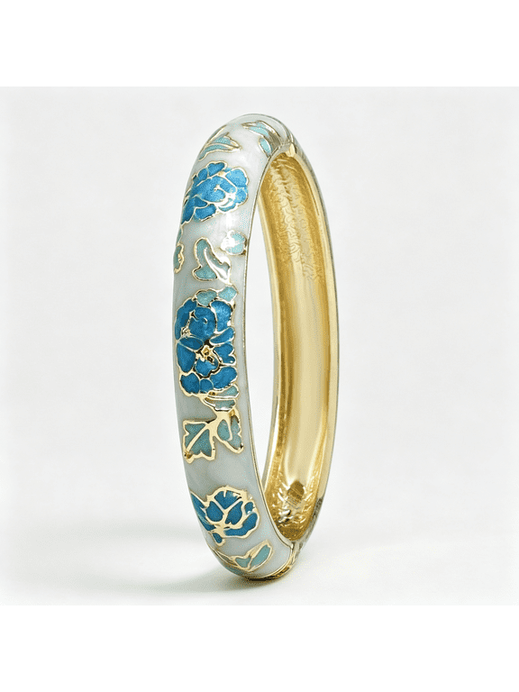 Vintage Flower Cuff Bangles Gold Plated Cloisonne Chinoiserie Peony Floral Elegant Bracelet Gifts for Women Chunky Bracelets