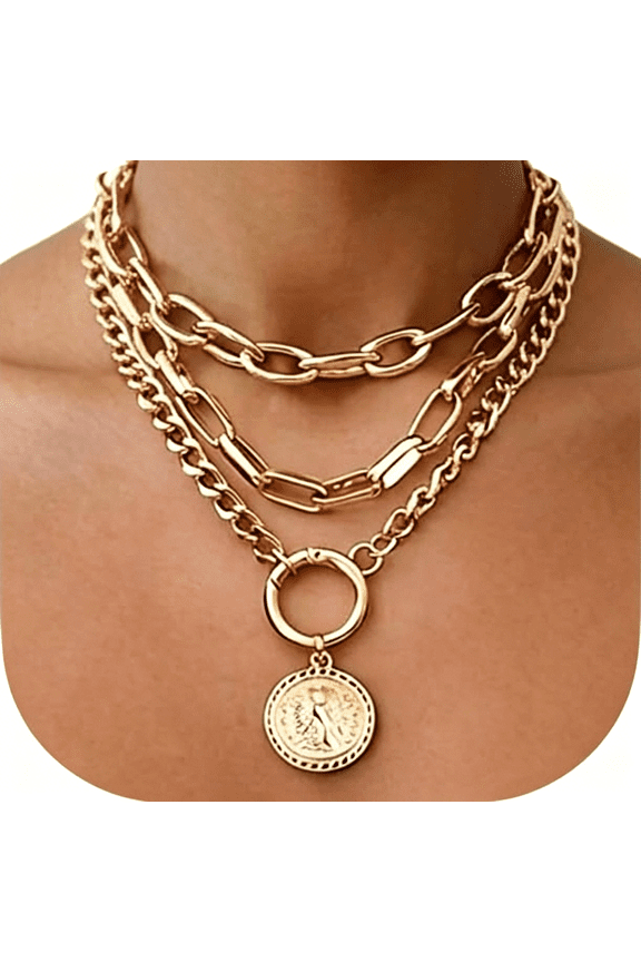 Vintage Gold Layered Necklaces for Women Trendy, Chunky Cuban Link Paperclip Chains Necklace Stack, Coin Pendant Necklace Set Jewelry Gifts