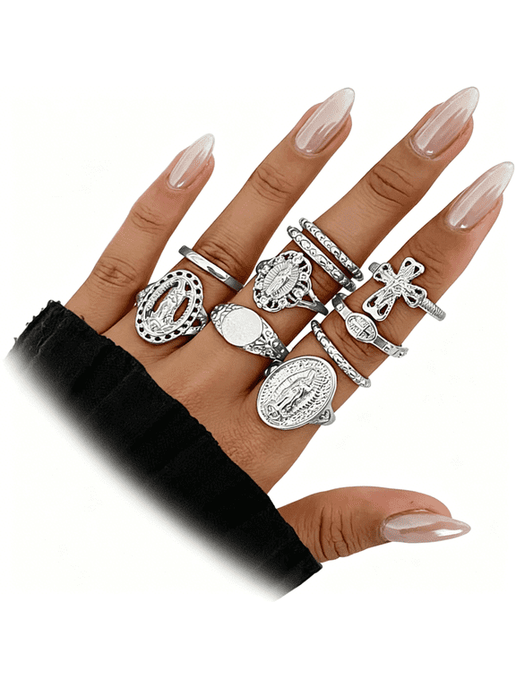 Vintage Gold Virgin Mary Cross Rings Set for Women,Chunky Stackable Boho Knuckle Rings Pack Retro Jewelry