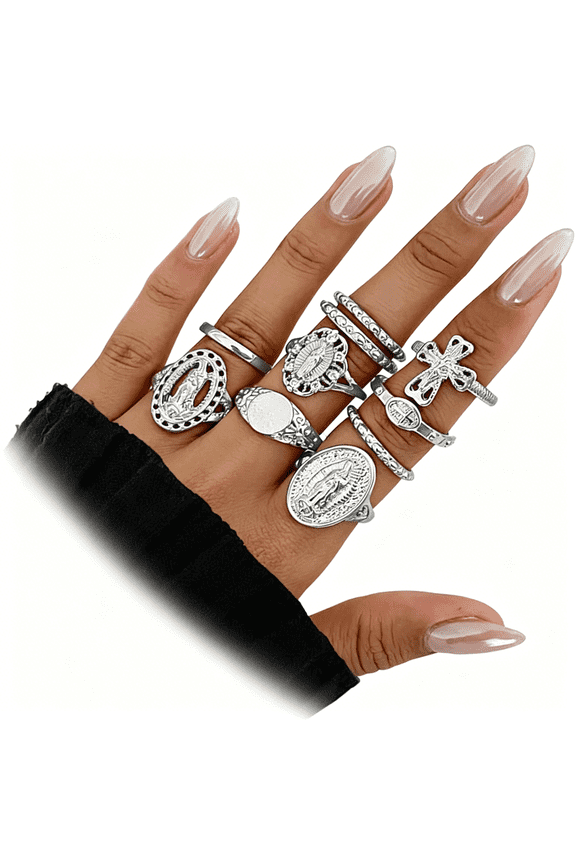 Vintage Gold Virgin Mary Cross Rings Set for Women,Chunky Stackable Boho Knuckle Rings Pack Retro Jewelry