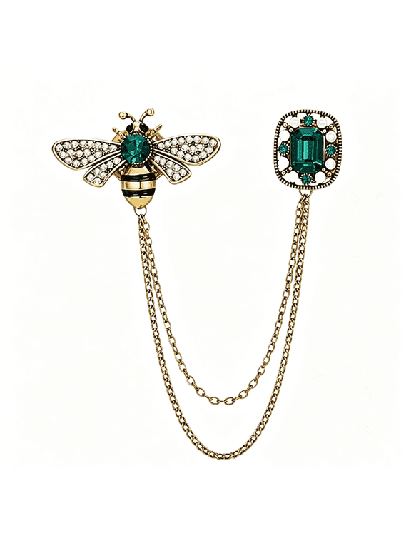 Vintage Honey Bee Brooch Pins for Women Men Cz Crystal Lapel Pin Badge Hanging Tassel Chains Collar Brooches Pin Shirt Collar Pins Hat Scarf Tie Pins Accessories