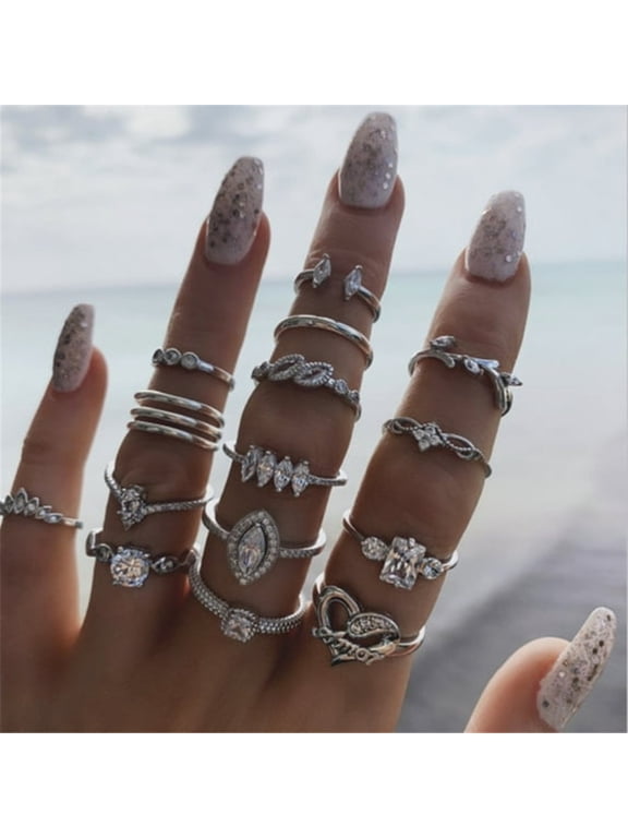 Vintage Knuckle Ring Set for Women Stackable Fashion Rings Silver,Rhinestone (Pack of 15)