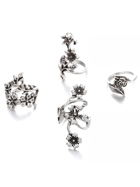 Vintage Knuckle Rings Set for Women, Boho Hollow Carved Flower Chunky Stackable Rings, Y2K Retro Statement Jewelry for Daily Wear