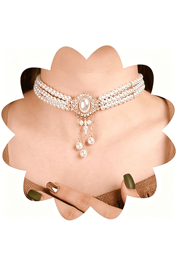 Vintage Layered Faux Pearl Choker Necklaces Imitation Pearl Rhinestones Pendant Chains Flapper Costume Necklaces