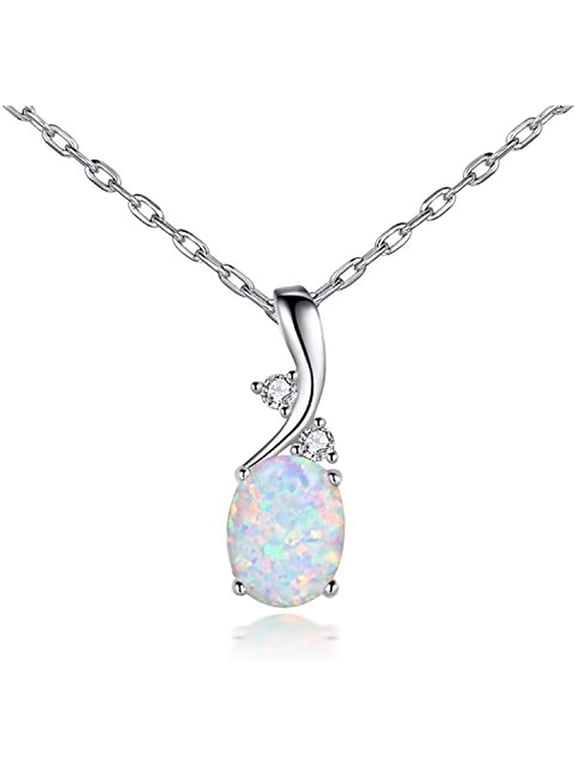 Vintage Opal Pendant Necklace, Silver Plated Created Gemstone Oval White Opal Fashion Jewelry for Women Mother -Opal Jewelry for Women Endless Love