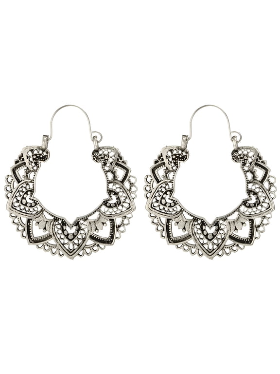Vintage Silver Filigree Hoop Earrings Bohemian for Women Intricate & Delicate Cutout Design Details Tribal Floral Gypsy Lightweight Metallic Statement Earrings,Silver Earrings Hoops