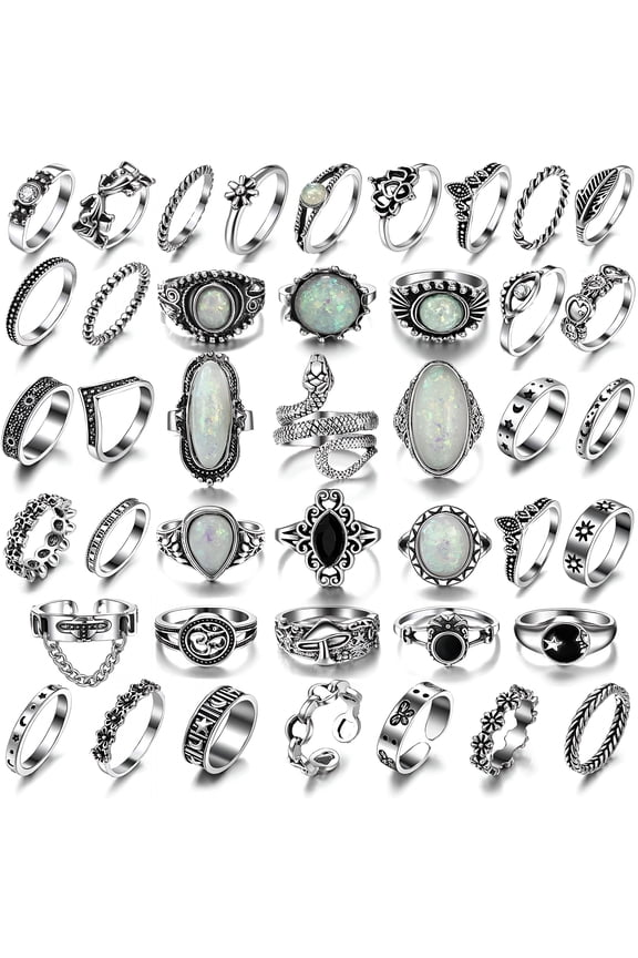 Vintage Silver Knuckle Rings Set for Women Men,Chunky Rings Aesthetic Snake Grunge Stackable Gothic Ring Adjustable Bulky Boho Finger Alt of Rings,Stacking Fairy Flower Midi Ring Pack