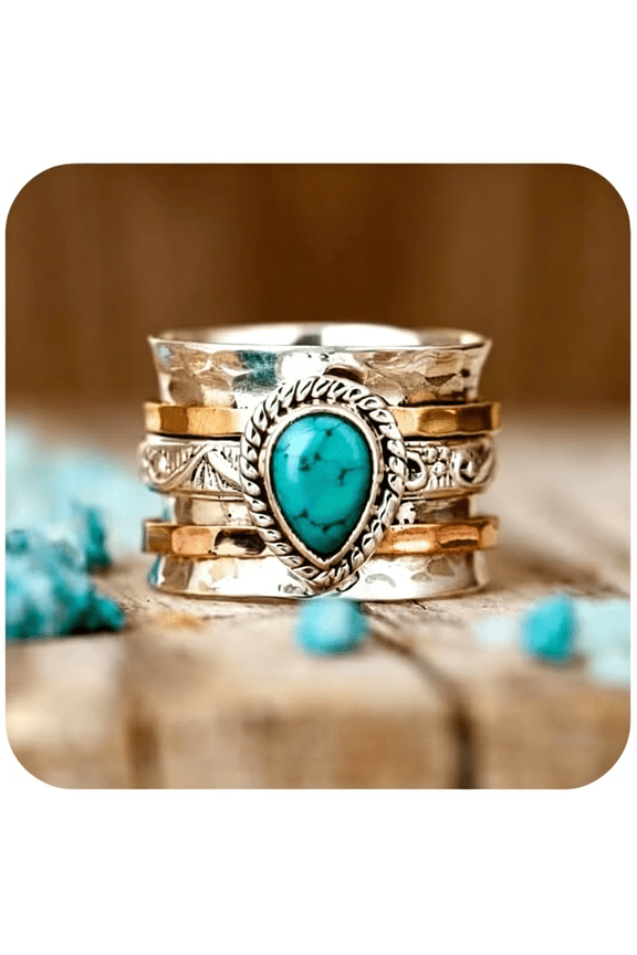 Vintage Sterling Silver Turquoise Ring for Women, Bohemian Style Handmade Dainty Ethnic Healing Stone Ring, Tribal Totem Cut Natural Turquoise Bridal Statement Ring Gift Size 6