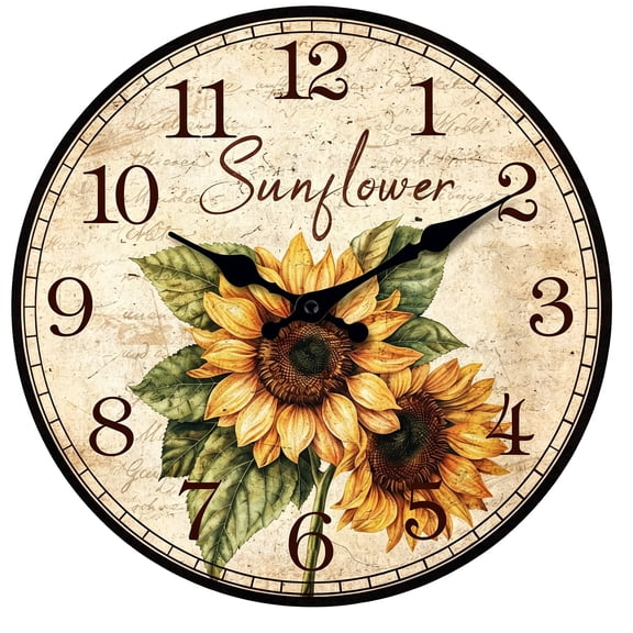 DESIGNICE Vintage Sunflower Wall Clock for Kitchen 12" Silent | Non-Ticking Battery Operated Country Floral Wooden Decorative for Kitchen Living Room Bedroom Farmhouse Decor