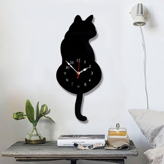 DESIGNICE Wall Clock Creative Diy Cat Acrylic Wall Clock with Swing Tail Pendulum for Living Room Bedroom Kitchen Home Dcor - Battery Not Included (42Cm X 18Cm) Black