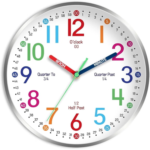 DESIGNICE Wall Clock for Kids Learning to Tell Time Easily Non Ticking Battery Operated Kids Teaching Clock Silent Colorful Teaching Time Clock Decorative for Kids Room Classroom School (8 Inch)