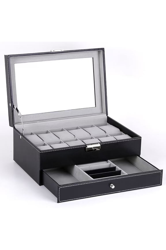 Watch Box,12-Slot Watch Case Organizer with Large Glass Lid,2 Layers,Removable Pillows,Metal Lock,Gift for Loved Ones,Black Synthetic Leather,Black Lining