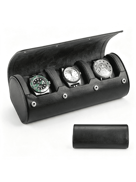 Watch Roll Travel Case Men 3-Slot Watch Display Organizer Box Portable Shockproof Storage Holder Fits Wrist Smart Watches Up to 50Mm Black Pu Leather Ideal Gift Watch Collectors