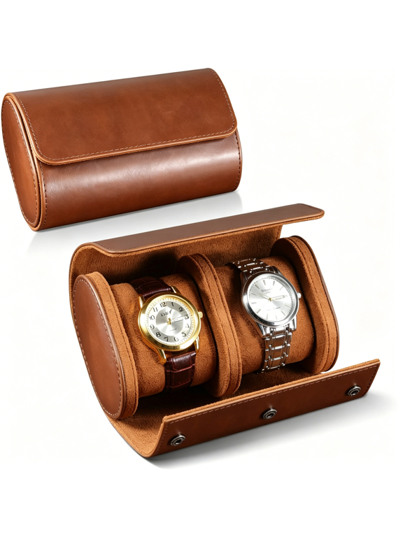 Watch Roll Travel Case for Men and Women- 2 Watch Storage and Organizer-Secure Storage with Removable Pillows&Solid Dividers for Home,Travel and Display(Brown-2 Slot)