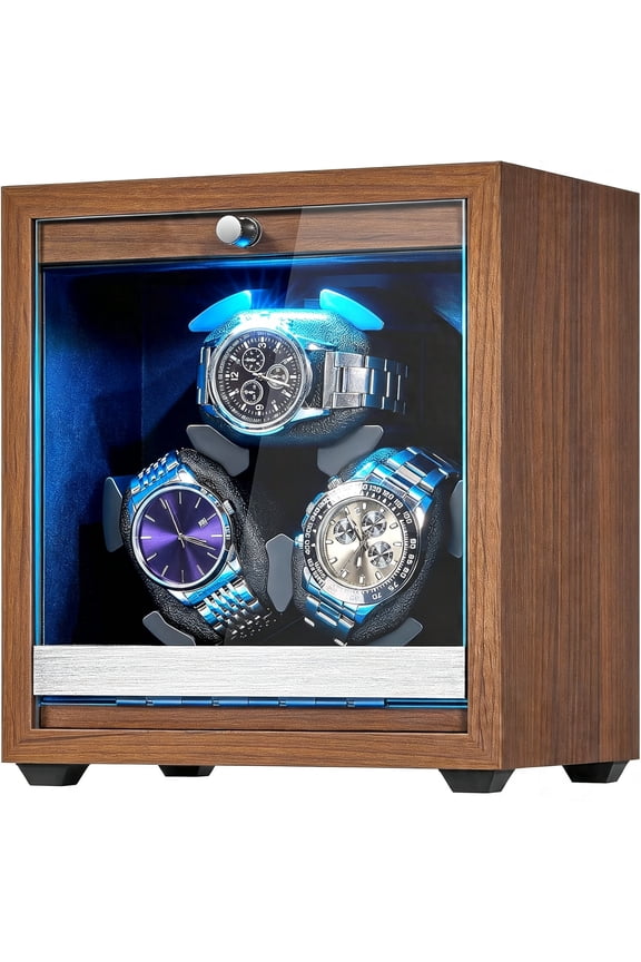 Watch Winder for Automatic Watches,Wooden 3 Watch Winders,4 Modes Automatic Watch Winder Box with Quiet Japan Motor,Led Watch Spinner with Foam Pillows,Ac Adapter for Man