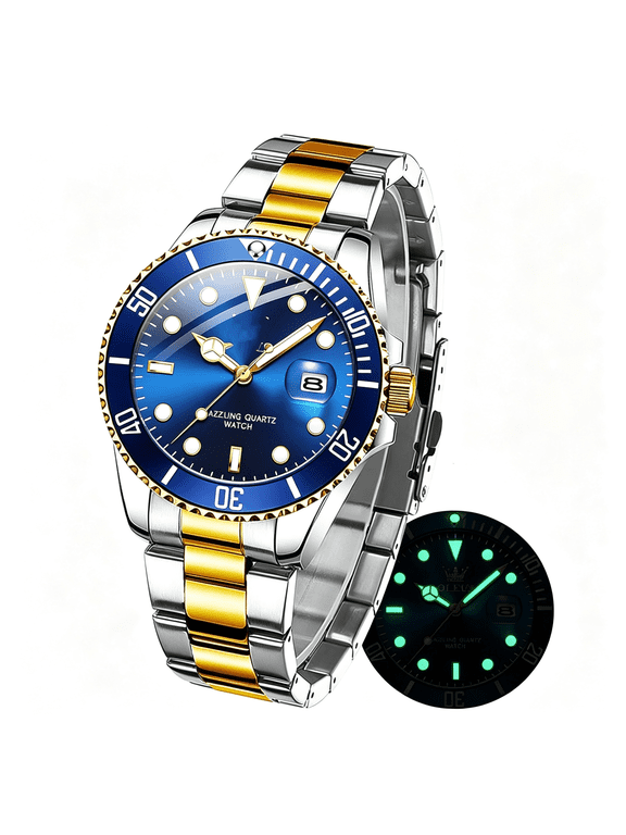 Watches for Men Classic with Date Business Dress Luxury Big Face Green/Black/Blue Waterproof Luminous Mens Wrist Watch Analog Two Tone Stainless Steel Men Watch