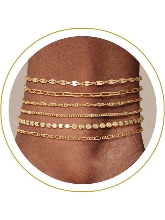 Waterproof Ankle Bracelets for Women,14K Real Gold Plated Anklets for Women 6Pcs Anklet Set Dainty Summer Beach Jewelry