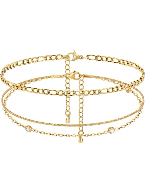 Waterproof Gold Anklets for Women-14K Gold Plated Ankle Bracelets,Summer Beach Surfer Foot Chain Multilayered Stack Bracelet Anklet Set,Layered Trendy Jewelry for Her Girlfriend