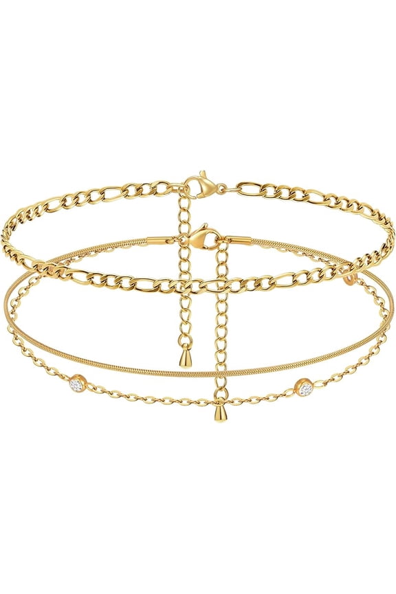 Waterproof Gold Anklets for Women-14K Gold Plated Ankle Bracelets,Summer Beach Surfer Foot Chain Multilayered Stack Bracelet Anklet Set,Layered Trendy Jewelry for Her Girlfriend