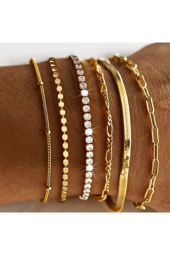 Waterproof Gold Bracelets Set for Women Trendy,Dainty 14K Real Gold Plated Jewelry Fashion Stackable Tennis Beaded Figaro Herringbone Paperclip Link Bracelet Pack Stack Gifts for Women 6Pcs