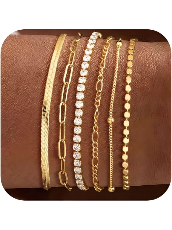 Waterproof Gold Bracelets Set for Women Trendy,Dainty 14K Real Gold Plated Jewelry Fashion Stackable Tennis Beaded Figaro Herringbone Paperclip Link Bracelet Pack Stack Gifts for Women 6Pcs