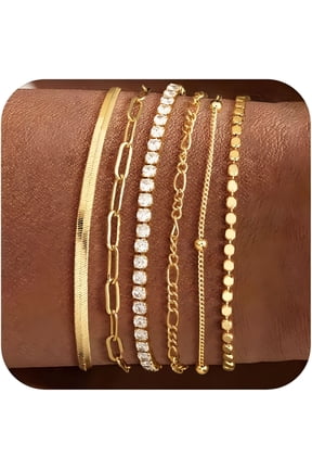 Waterproof Gold Bracelets Set for Women Trendy,Dainty 14K Real Gold Plated Jewelry Fashion Stackable Tennis Beaded Figaro Herringbone Paperclip Link Bracelet Pack Stack Gifts for Women 6Pcs
