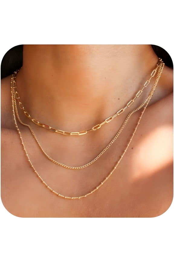 Waterproof Gold Necklace Layered Necklaces for Women Non Tarnish, 18k Gold Plated Stainless Steel Stack Thin Chain Necklace Set for Women Gifts Jewelry