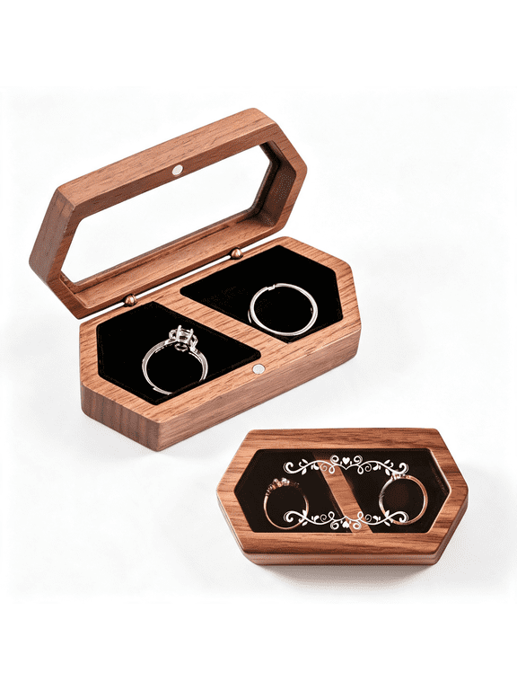 Wedding Ring Box Wooden Transparent Lid Rings Box for Engagement Wedding Proposal Ceremony- Premium Wooden Box Set Black