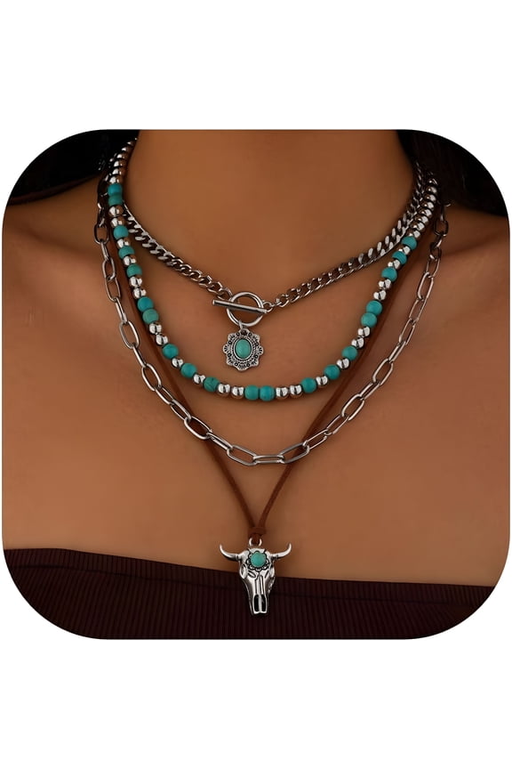Western Necklaces Boho Layered Charm Necklace for Women Turquoise Beaded Choker Ox-Head Pendant Necklace Western Jewelry for Women Cowgirl Accessories