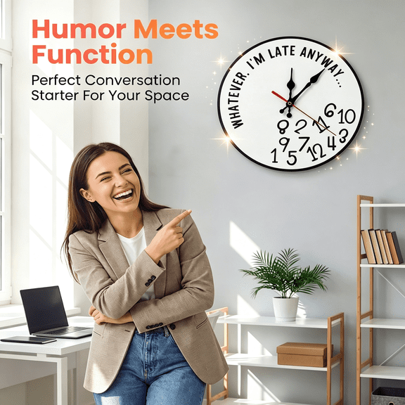 DESIGNICE Whatever I'M Late Anyway Wall Clock,Funny Sarcastic I'M Late Anyway Clock Large Unique Walls Watch Unique Irregular Number 12In Wooden Sign,For Home Office Kitchen Decor