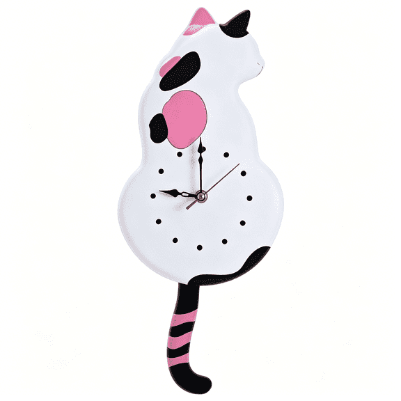 DESIGNICE White Cat Pendulum Wall Clock,Cat Clock with Moving Tail,Cat Swinging,Whimsical Funny Wall Clocks Easy to Use
