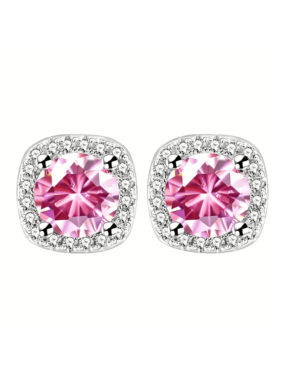 White Gold Plated 6.5Mm Cubic Zirconia Stud Earrings Set Dainty Suqare Halo Studs Earrings for Women Pink Stud Earrings for Women