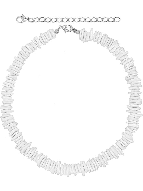 White Puka Shell Necklace, Hawaiian Seashell Necklace for Men, Beach Necklaces for Women, Beachy Beaded Summer Pooka Choker, Heishi Clam Chips Surfer Jewelry Seashell Necklace