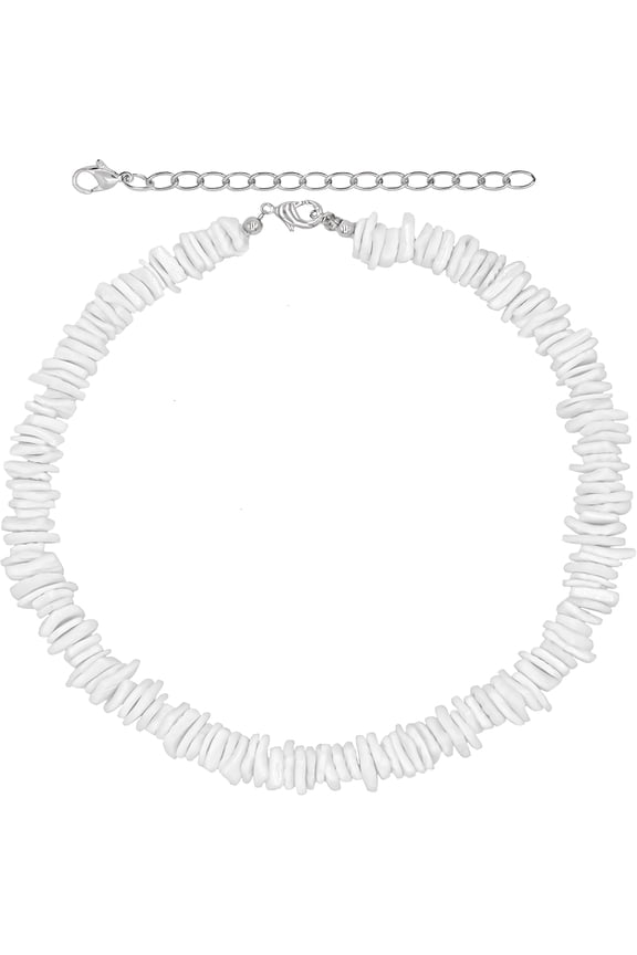 White Shell Necklace,Hawaiian Seashell Necklace for Men,Beach Necklaces for Women,Beaded Summer Choker,Heishi Clam Chips Surfer Jewelry