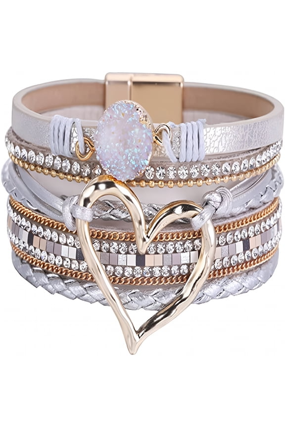 Wide Wrap Leather Bracelets Women Boho Multi-layer Bracelet Heart Magnetic Clasp Cuff Bangle Jewelry Gift