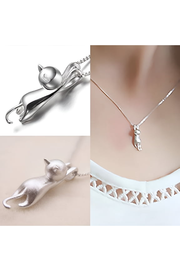 Women 925 Sterling Silver Chain Cat Pendant Necklace Jewelry Charm, Silver