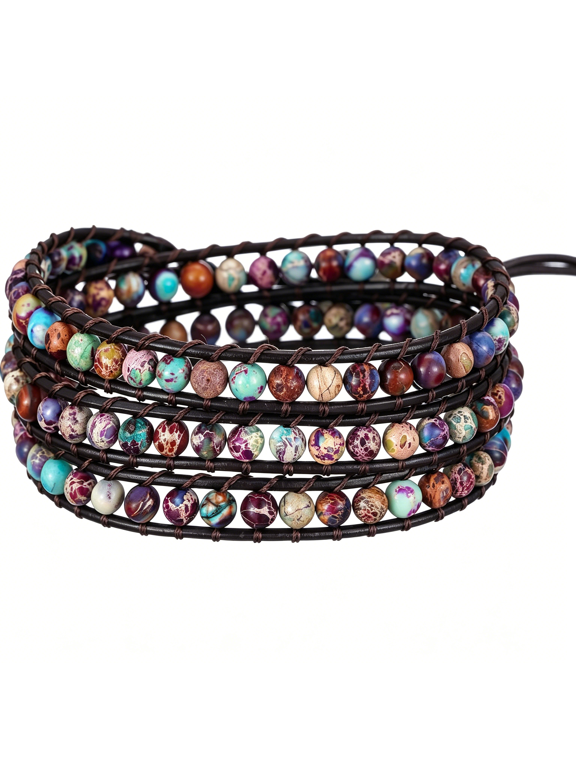 Women Boho Handmade Natural Stone Crystal Leather Bead Wrap Bracelets Collection