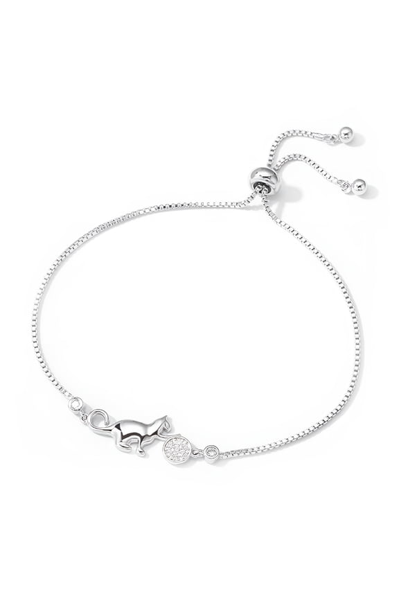 Women Bracelet Drawstring Design Anti Rust Cat Rhinestone Adjustable Bangle Jewelry for Gift, Silver