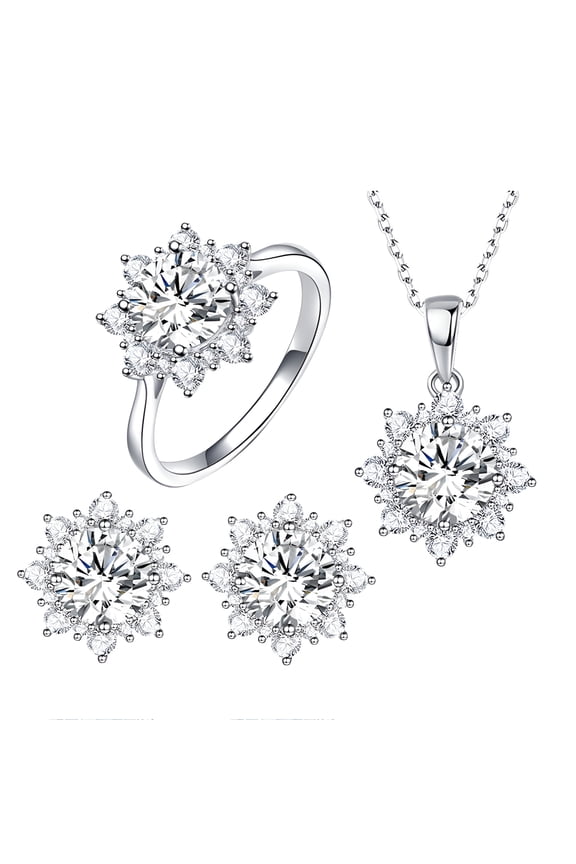 Women Cubic Zirconia Snowflake Pendant Necklace Stud Earrings Ring Set