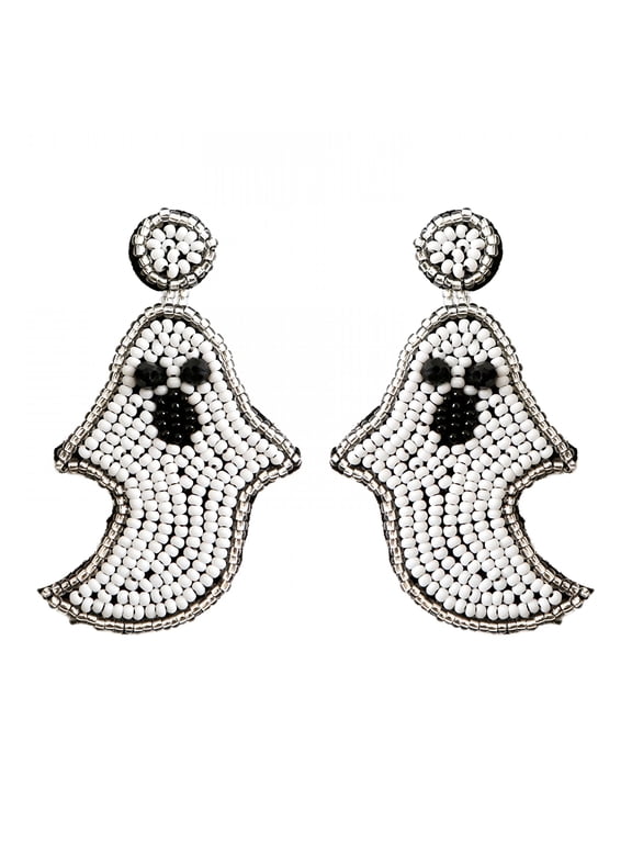 Women Halloween Earrings Beaded Pumpkin Dangle Earrings for Women Handmade Bead Drop Earring Studs Costume Themed Party Jewelry Gifts (White, One Size)