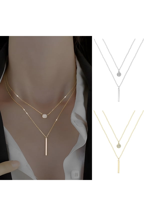 Women Necklace Smooth Double Layers Rhinestone Decor Round Pendant Hollow Chain Stainless Clavicle Necklace Neck Decoration Jewelry