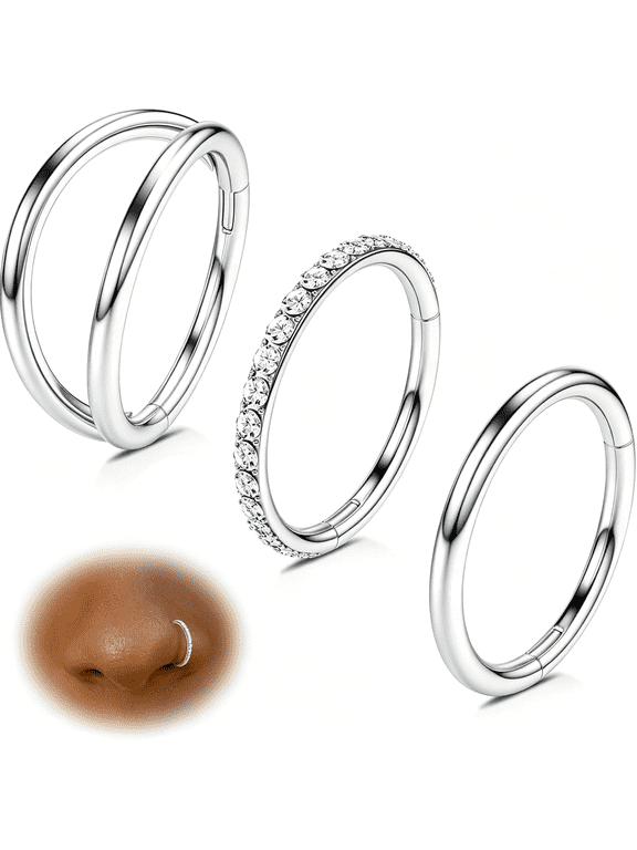 Women Nose Rings Hoop: 3Pcs 316L Surgical Steel Double Hoop Septum Rings Cz Clicker for Lip Cartilage Earrings Tragus Conch Daith Hinged Body Piercing Jewelry