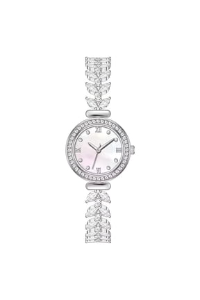 Women Quartz Watches Wrist Strap Round Watch Artificial Crystal Rhinestone Accented Easy Read Number Dial Fashion Dress Up Adjustable Stainless Steel Silver