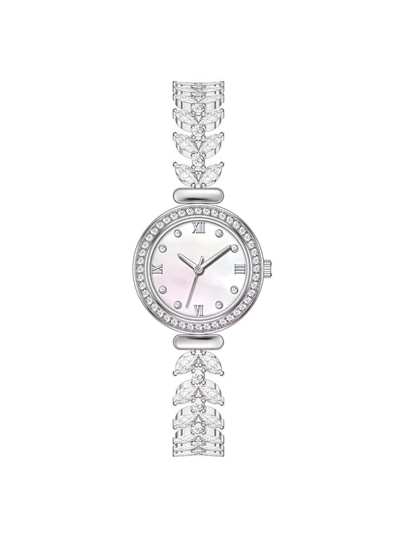 Women Quartz Watches Wrist Strap Round Watch Artificial Crystal Rhinestone Accented Easy Read Number Dial Fashion Dress Up Adjustable Stainless Steel Silver