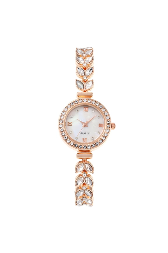 Women Quartz Watches Wrist Strap Round Watch Artificial Crystal Rhinestone Accented Easy Read Number Dial Fashion Dress Up Adjustable Stainless Steel RoseGold