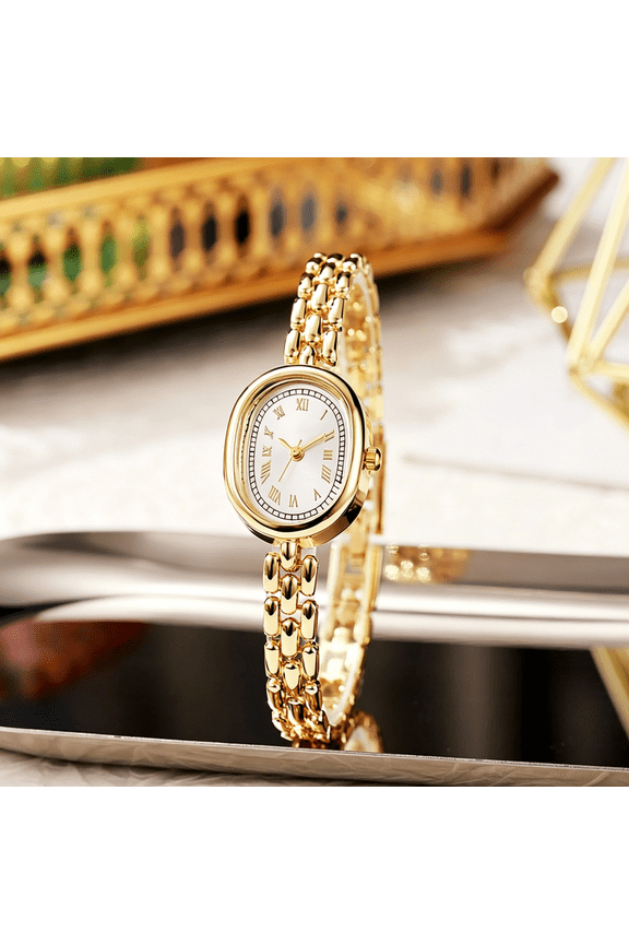 WomenS Bracelet Watch Small Face-Elegant Oval Quartz Analog Wristwatch with Metal Link Band,Gold&Silver Options,Slim Roman Numeral Dial Dress Watch for Ladies