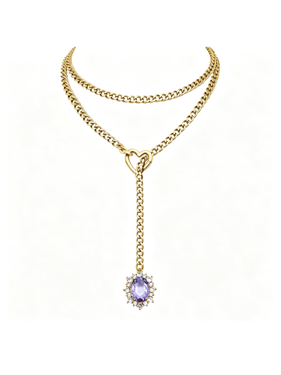 Women'S Heart O-Ring Slip Chain Necklace, Double Layered Adjustable 39'' Cuban Chain with Detachable Heart Clasp and Colorful Rhinestone Pendant Slip Chain Necklace