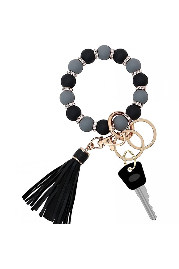 Women Silicone Key Ring Bracelet Elastic Beaded Wristlet Metal Keychain Faux Leather Tassel Key Holder Fashion Accessories Birthday Gift Beaded Keychain