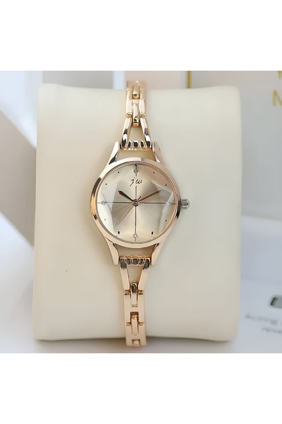 Women Wrist Quartz Watch Round Number Easy Read Rhinestone Sparkle Buckle Stainless Steel Strap Gold