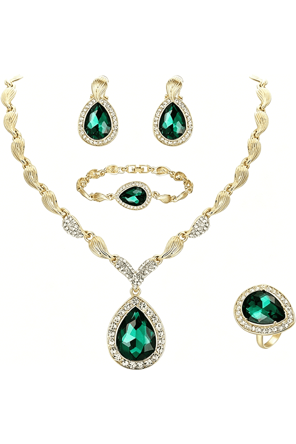 Womens Africa 18k Gold Plated Jewelry Set Crystal Rhinestones Petals Teardrop Cluster Bib Statement Necklace Link Bracelet Dangle Earrings Ring for Prom